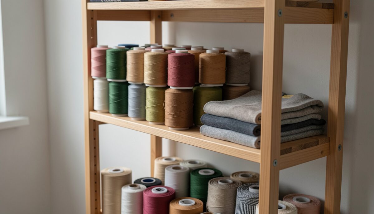 Naturbelassene Garnspulen und gefaltete Baumwollsocken mit Elastananteil zeigen die Materialbasis für die Beurteilung.