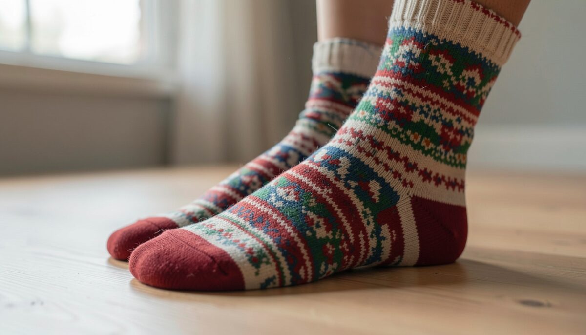 Zweifarbig eingestricktes Muster verleiht der Socke ein individuelles Logo.