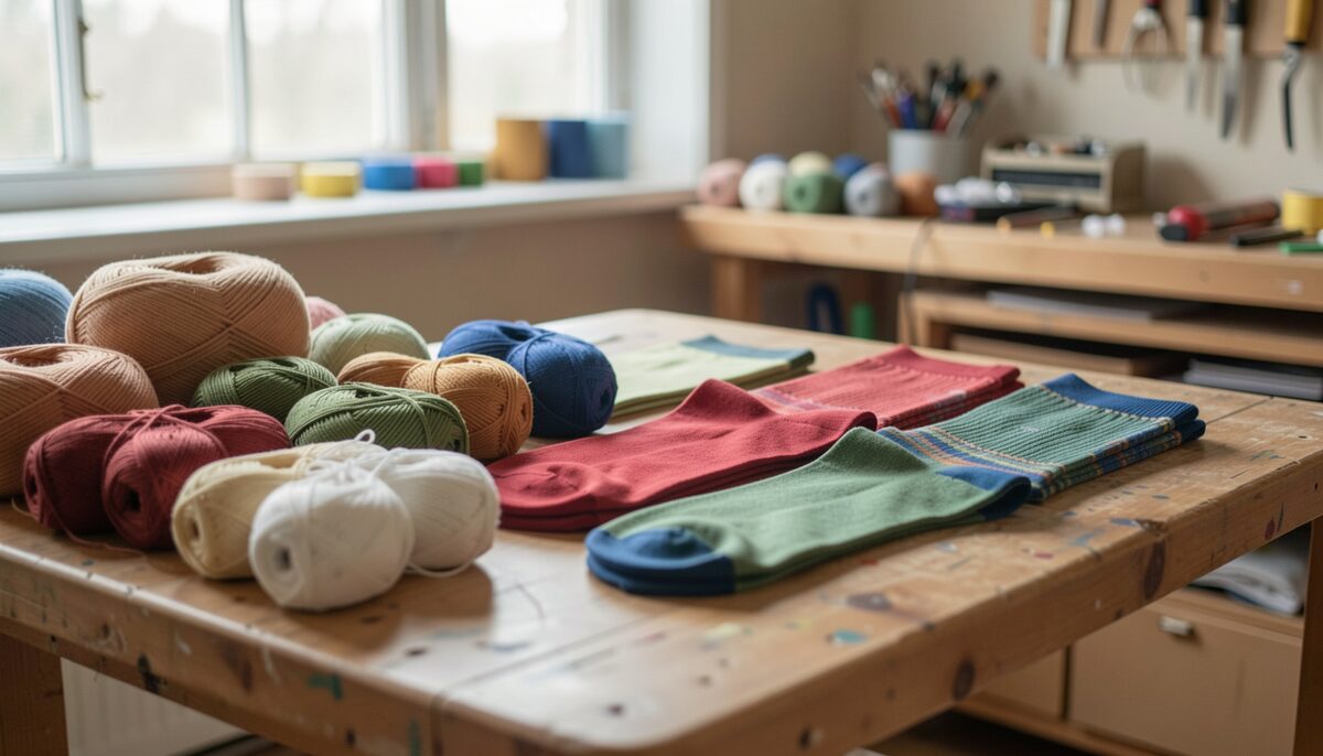 Verschiedene Garne und fertige Werbesocken zeigen die Materialvielfalt für langlebige Werbeträger.