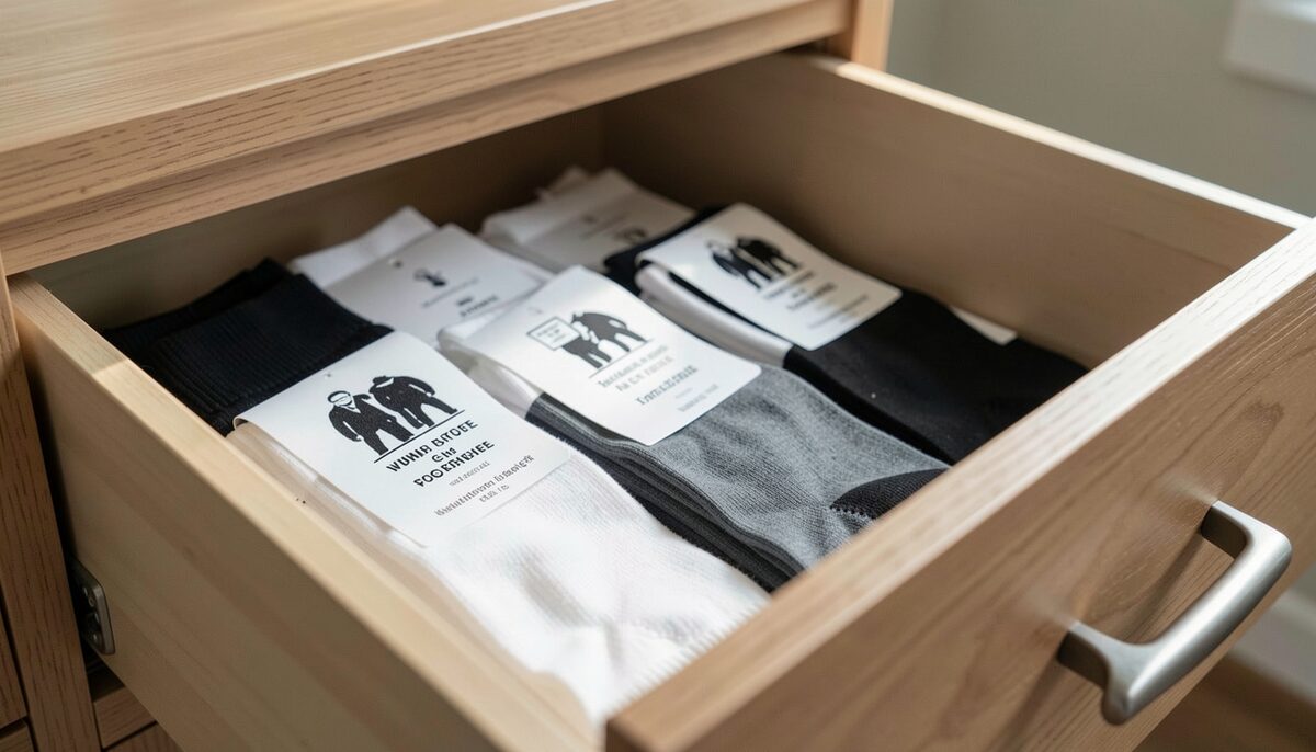 Gefaltete Werbesocken in einer offenen Schublade mit Pflegehinweis.